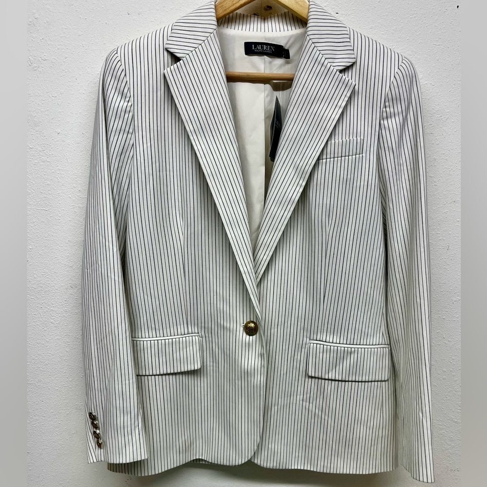 Lauren Ralph Lauren Women's Pinstripe-Print Straight-Fit Blazer - Cream Size 10 - Picture 4 of 14